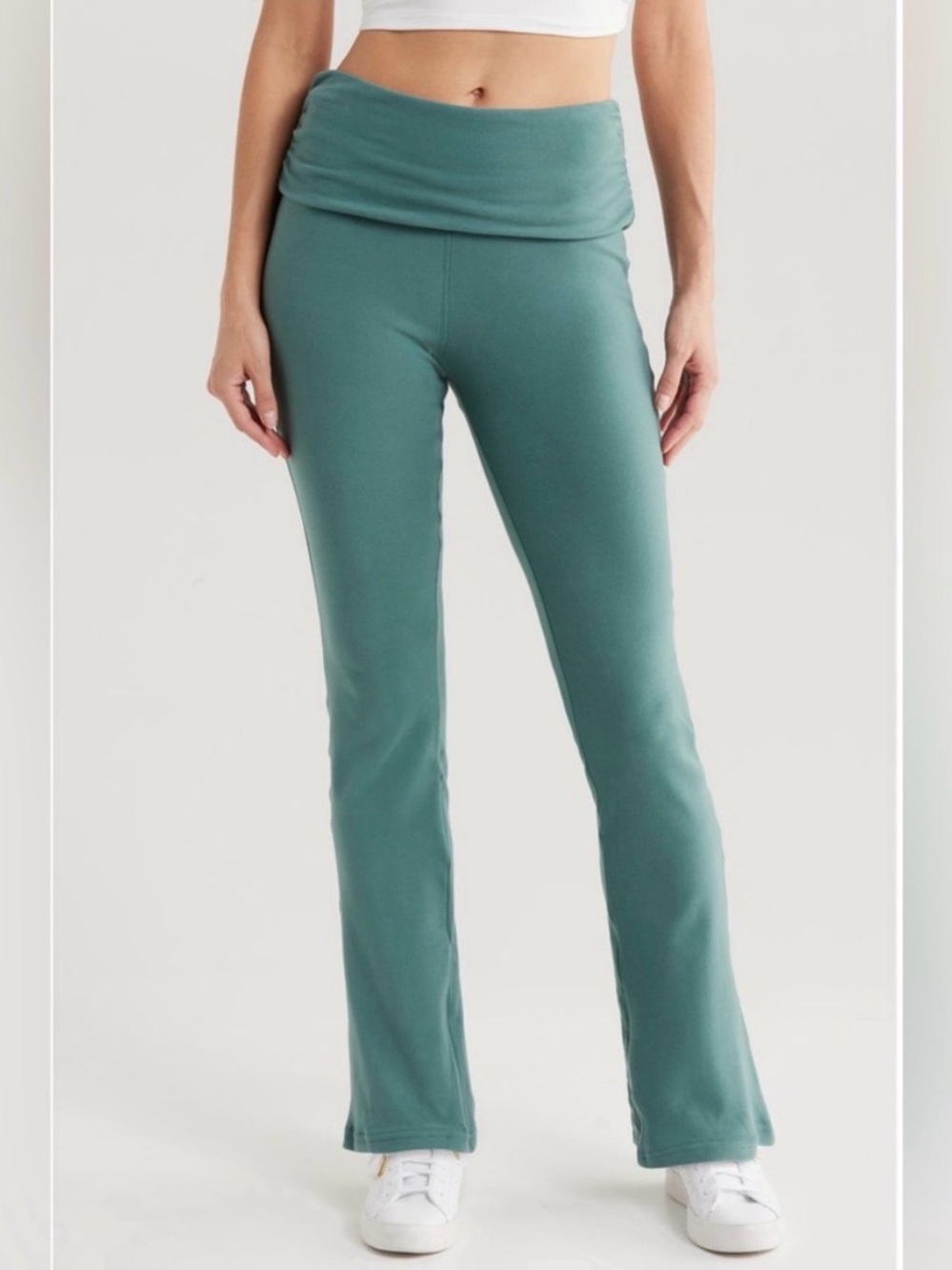 Free People Fold-Over Waist Flare Pants in Teal Green